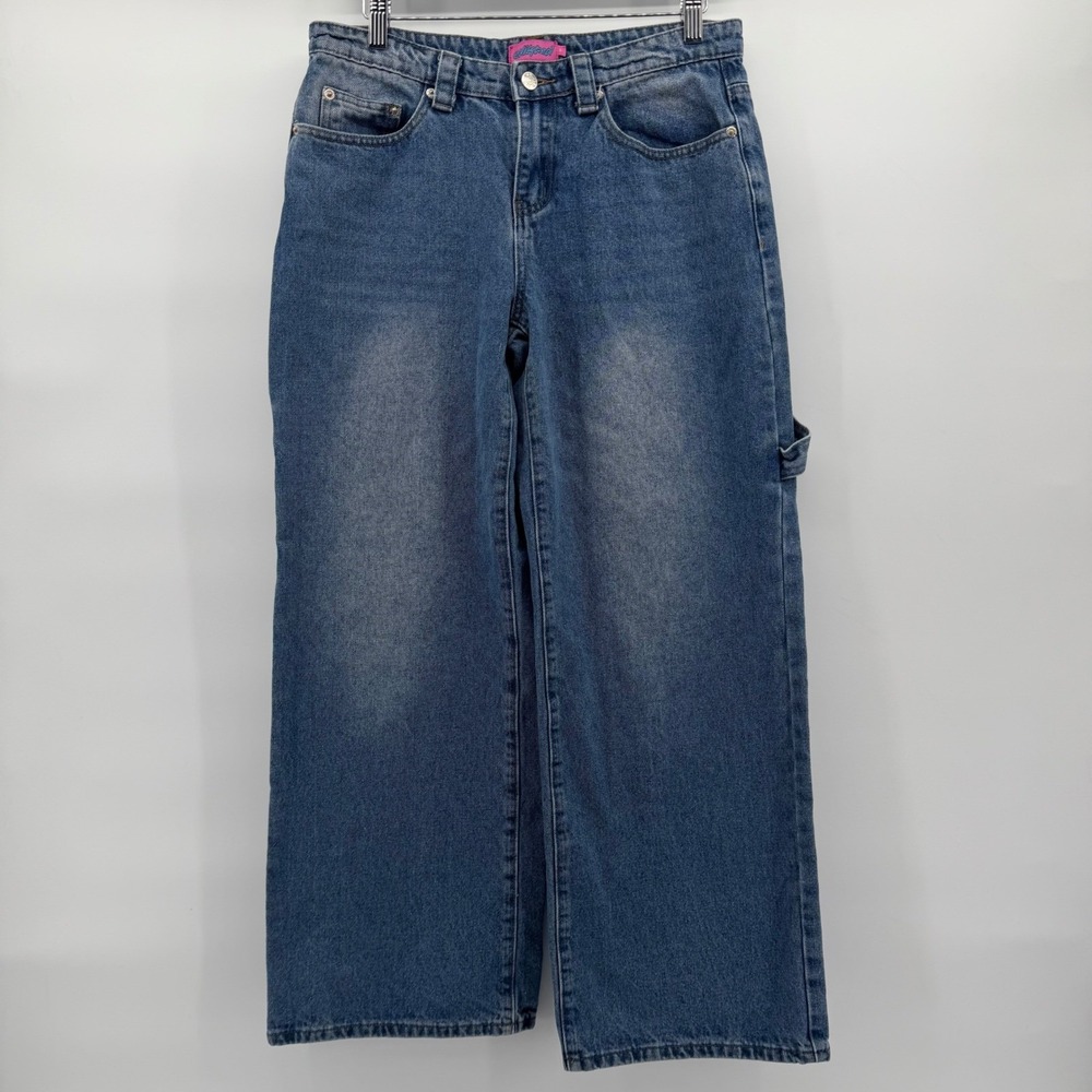 Edikted Carpenter Jeans Women M Blue Medium Wash Wide Leg Y2K High Rise Utility - Picture 9 of 9